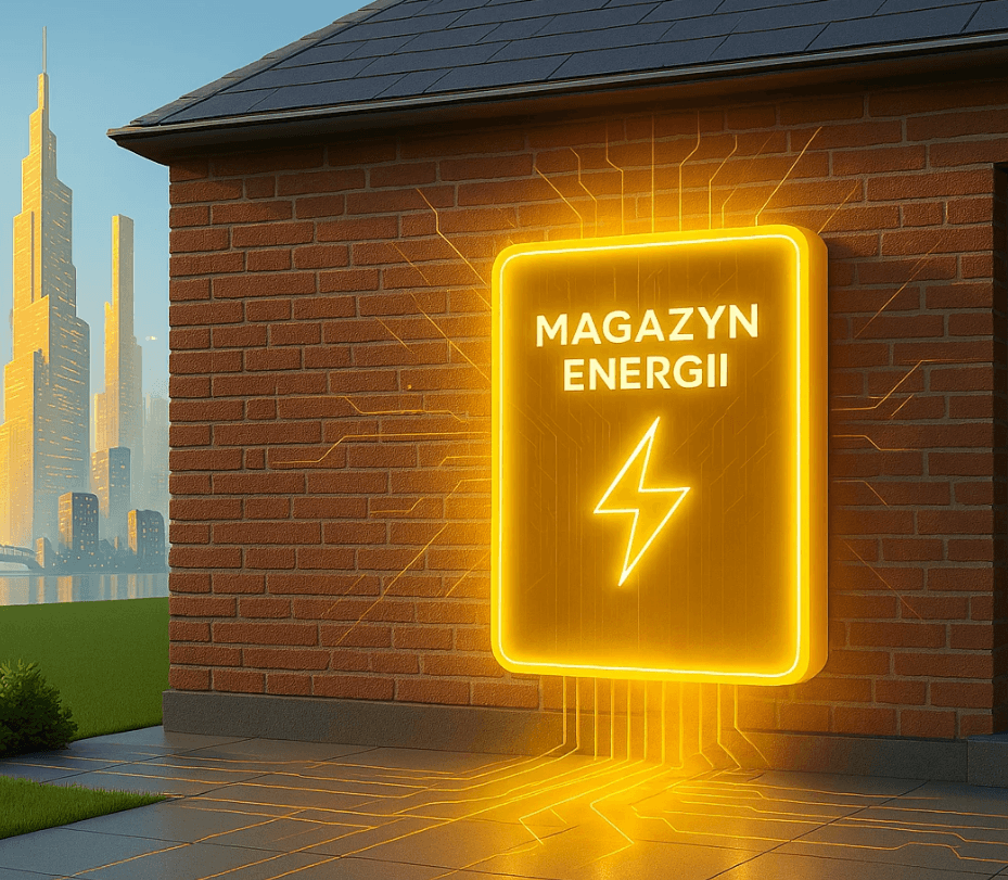 Magazyn energii — neonowy symbol na ścianie domu z panelami PV